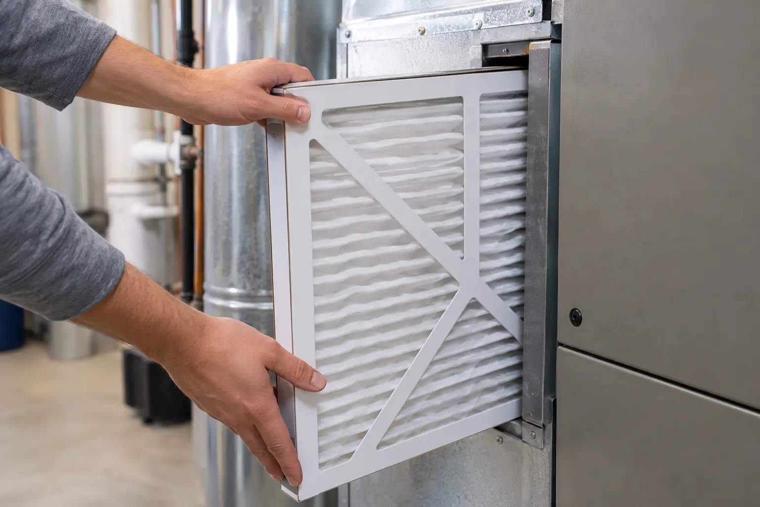 Clean pleated air filter being installed in residential HVAC equipment