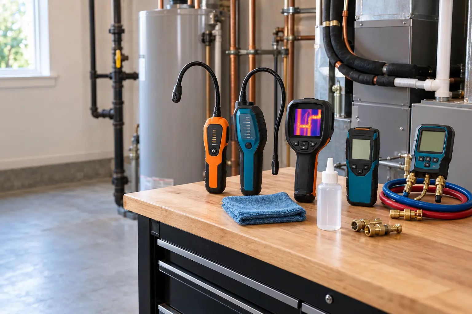 Professional leak-detection instruments arranged on a clean service workbench